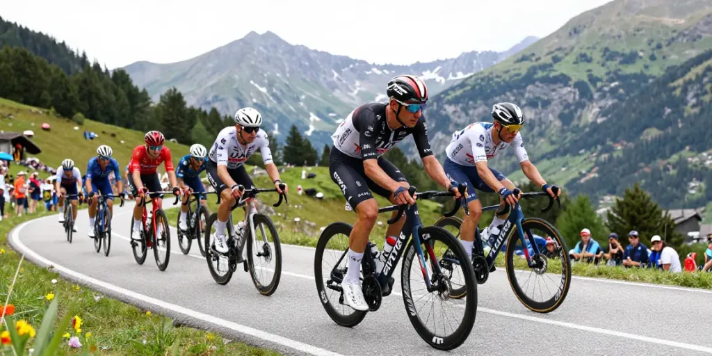 Notizie ciclismo: Pogačar in prima posizione durante la Vuelta a España, in un'azione di gara tra le montagne.