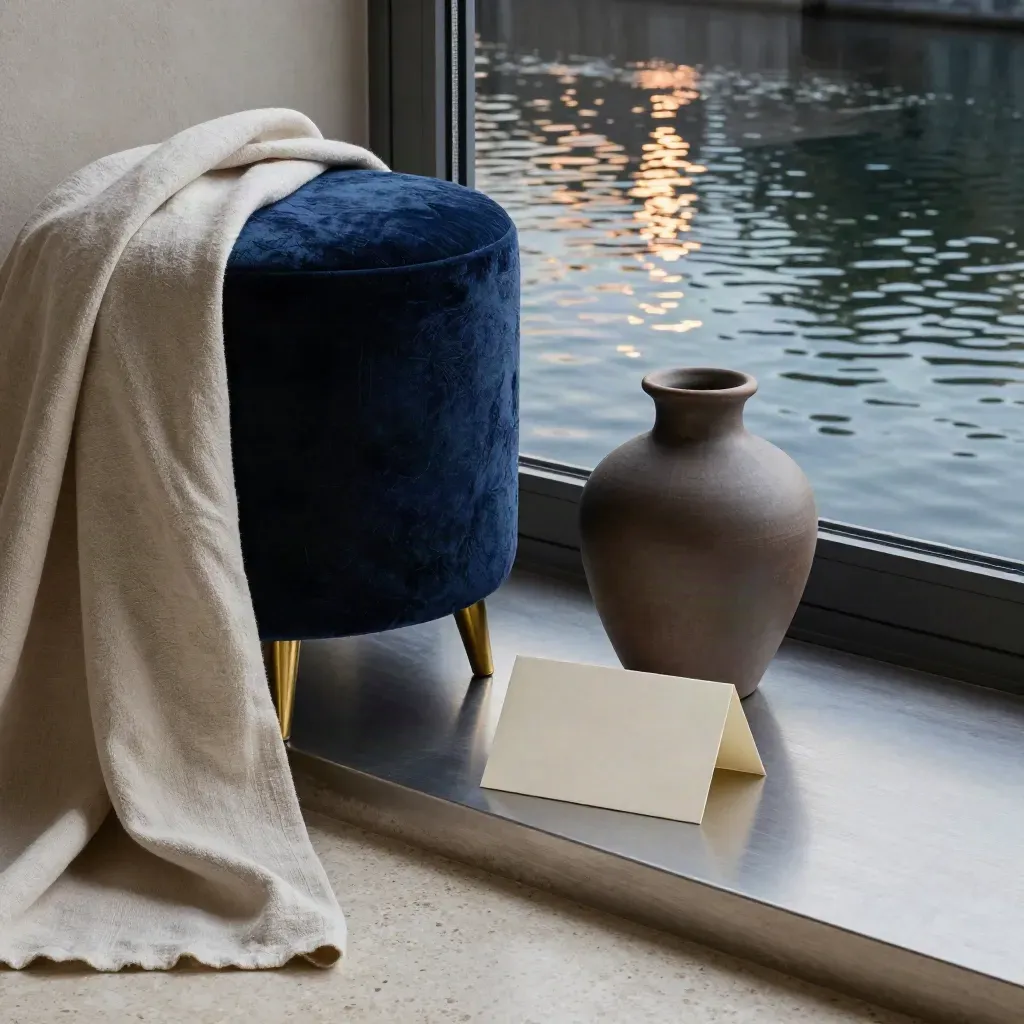 Angolo di camera boutique con sgabello in velluto, drappo di lino, vaso in ceramica e riflessi del Naviglio.