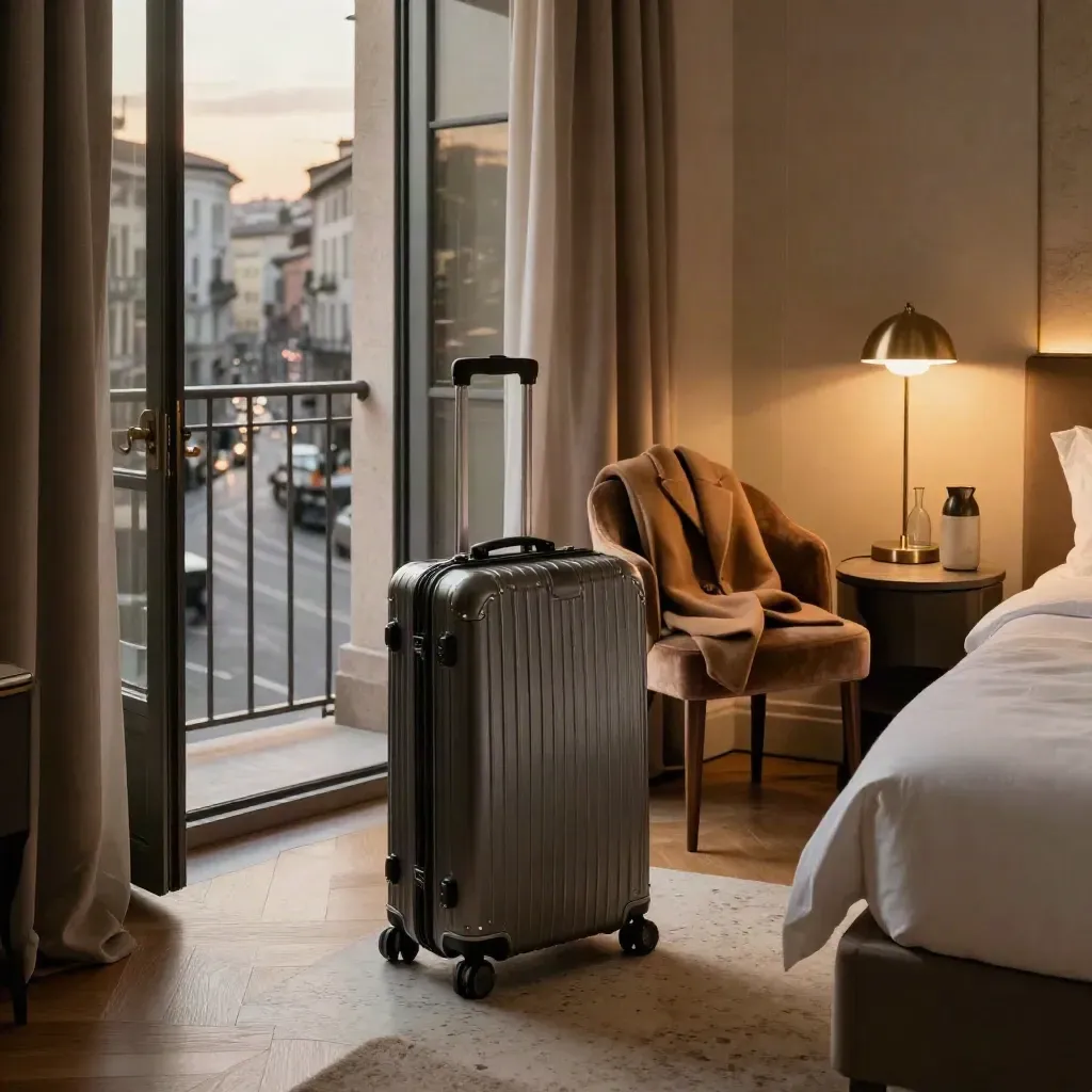 Camera d’hotel elegante a Milano con valigia, poltrona e luce del tramonto.