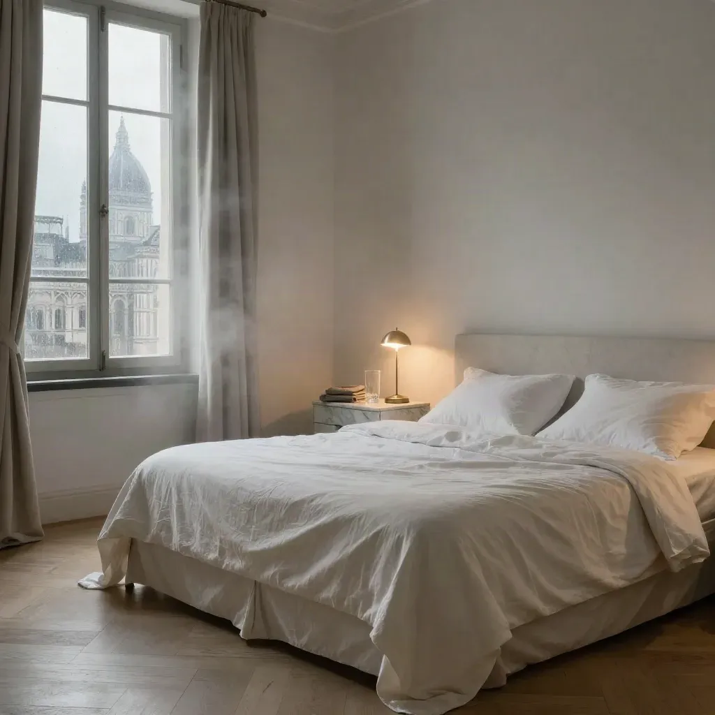 Suite d’hotel con letto avorio, caraffa di vetro e finestra piovosa sul Duomo.