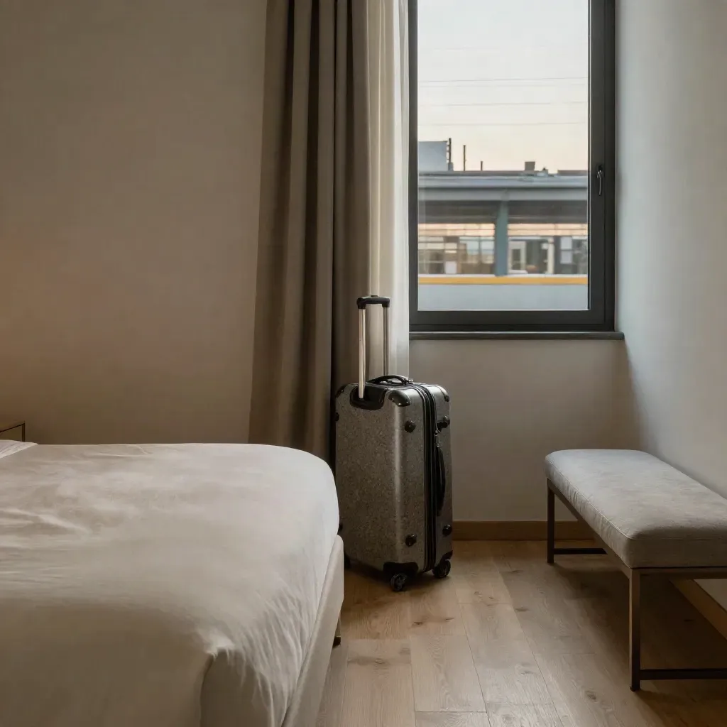 Suite compatta vicino a Milano Centrale con valigia e lenzuola, luce dell’alba e finestra sulla stazione.