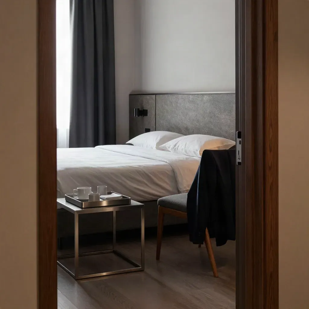 Suite d’hotel a Milano con letto rifinito, giacca su sedia e vassoio caffè.
