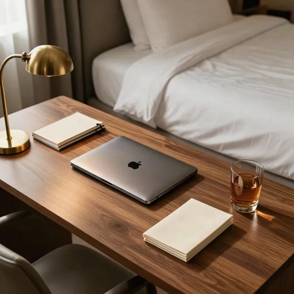 Scrivania d’hotel in noce con laptop chiuso, taccuino e sedia in pelle.
