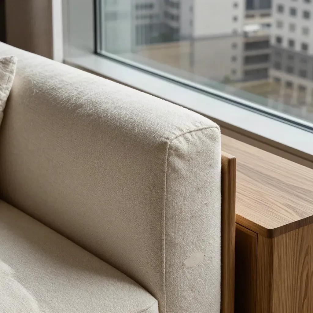 Dettaglio macro di suite hotel con tessuti avorio, travertino e legno chiaro