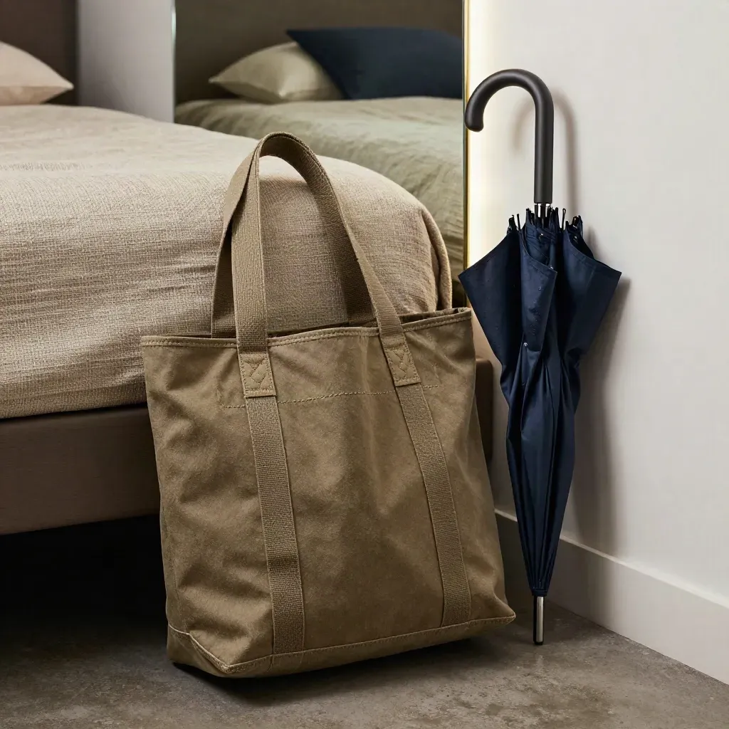 Interno d’hotel compatto con letto, borsa da viaggio e ombrello, luce radente blu notte