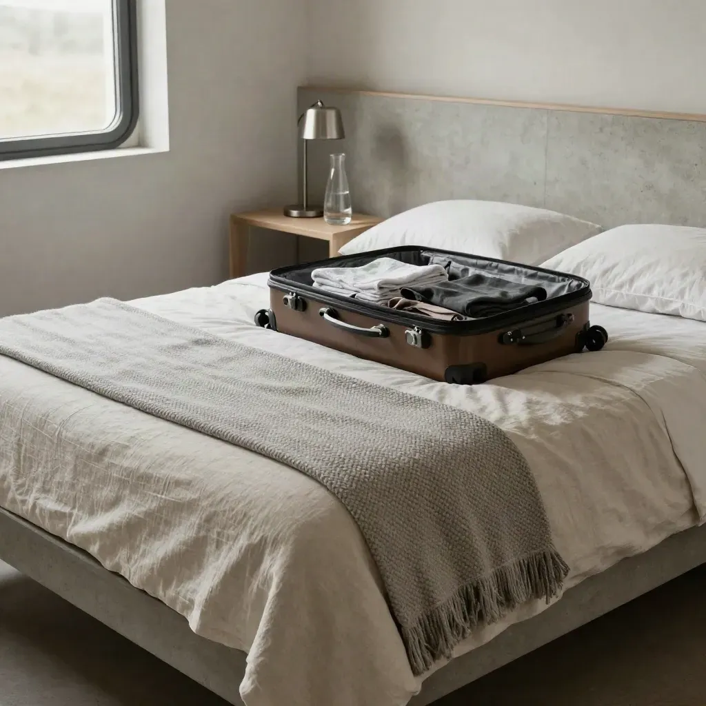 Camera twin essenziale con valigia rigida, coperta intrecciata e luce mattutina discreta.