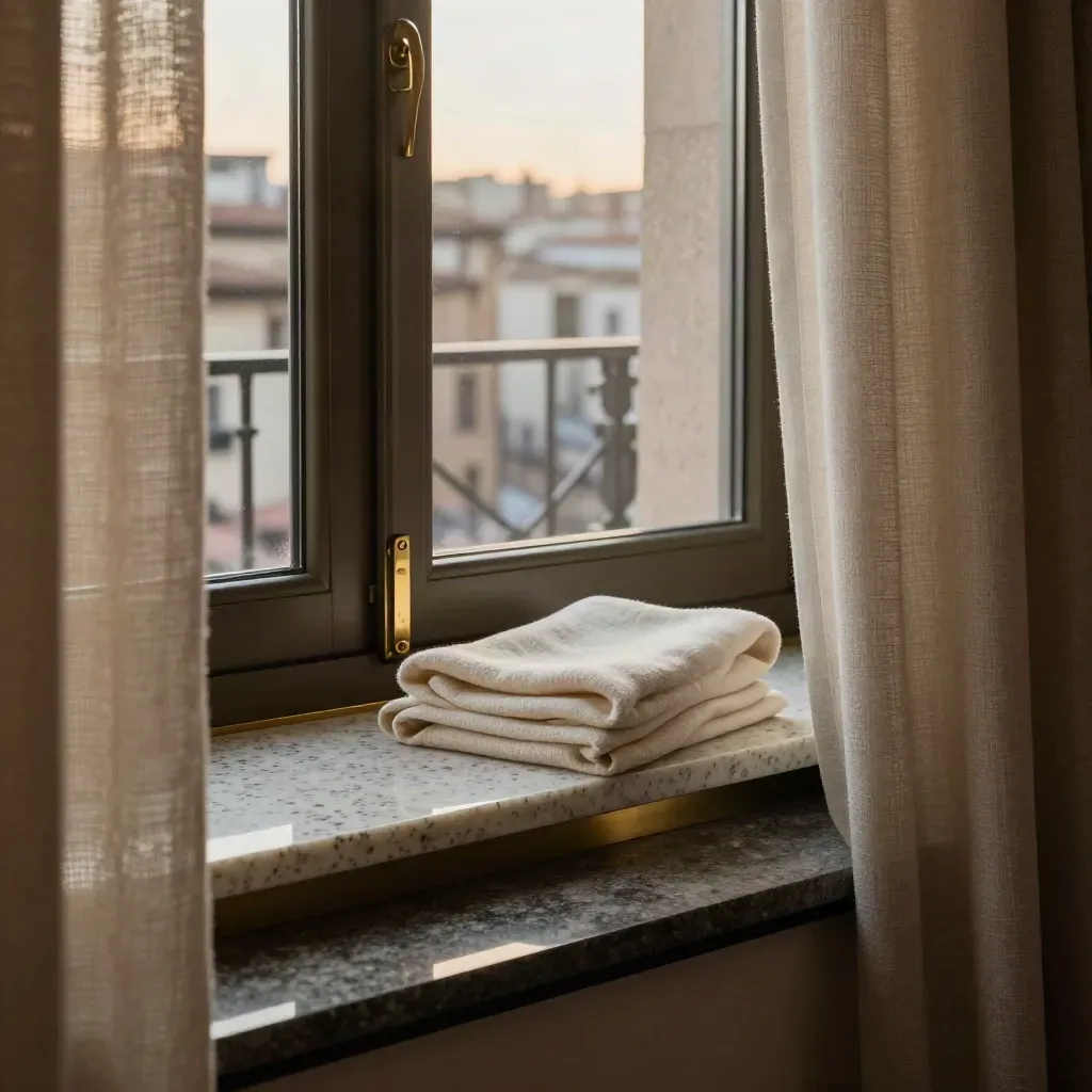 Angolo suite d’hotel con lino champagne, pietra travertino e bagliori urbani di Milano.