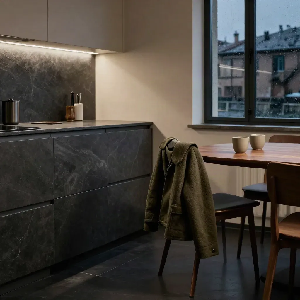 Studio aparthotel a Milano con angolo cucina, tavolo, giacca piegata e riflesso notturno alla finestra