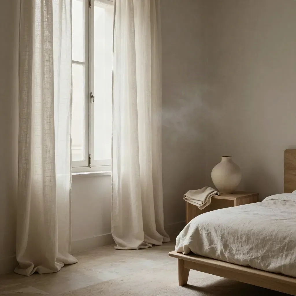 Camera B&B Brera Light con tende leggere, comodino in rovere chiaro e vaso ceramico avorio
