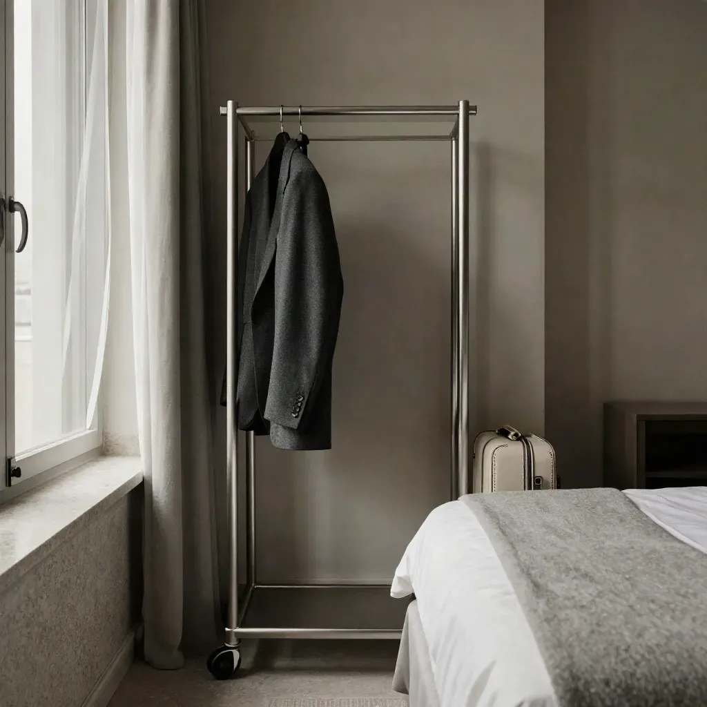 Camera d’albergo con portabiti, angolo letto impeccabile e luce fredda di finestra.