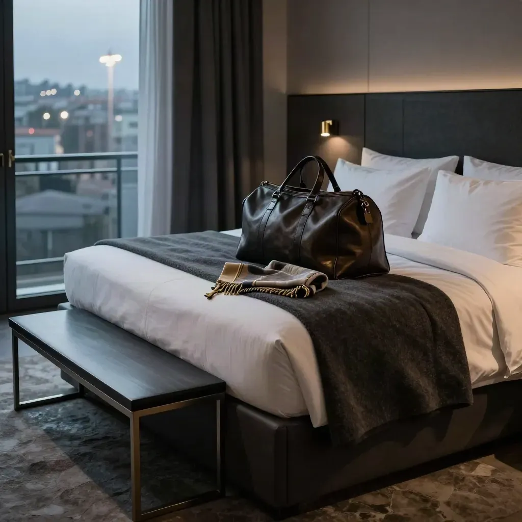 Camera d’albergo a Milano con letto ampio, borsa sportiva e sciarpa, luce da stadio fuori dalla finestra.