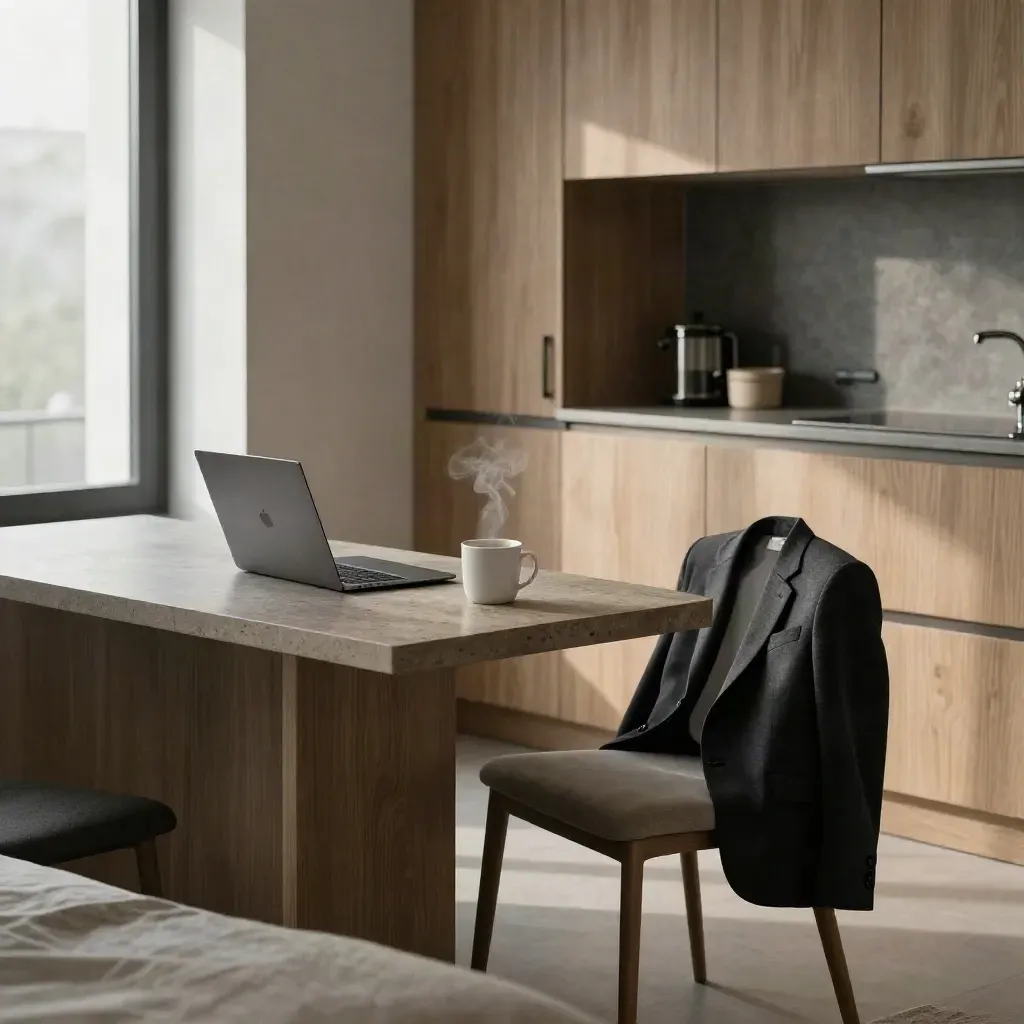 Suite hotel con angolo cucina, laptop chiuso, tazza e giacca su sedia, luce mattutina.