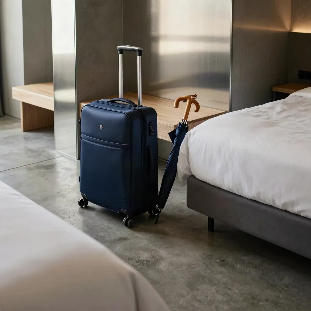 Camera d’hotel compatta con trolley, ombrello e riflesso di corridoio