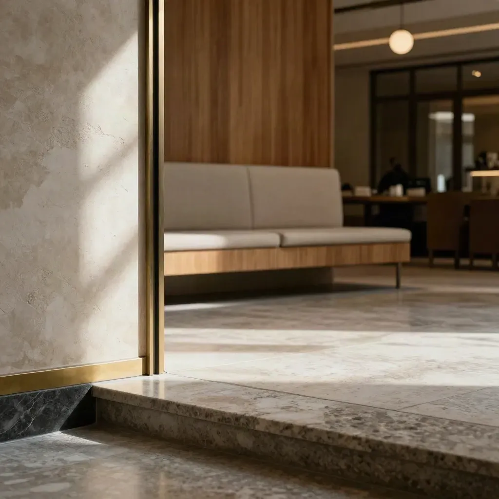 Interno hotel milanese con travertino, marmo e luce morbida, spazio calmo per il titolo