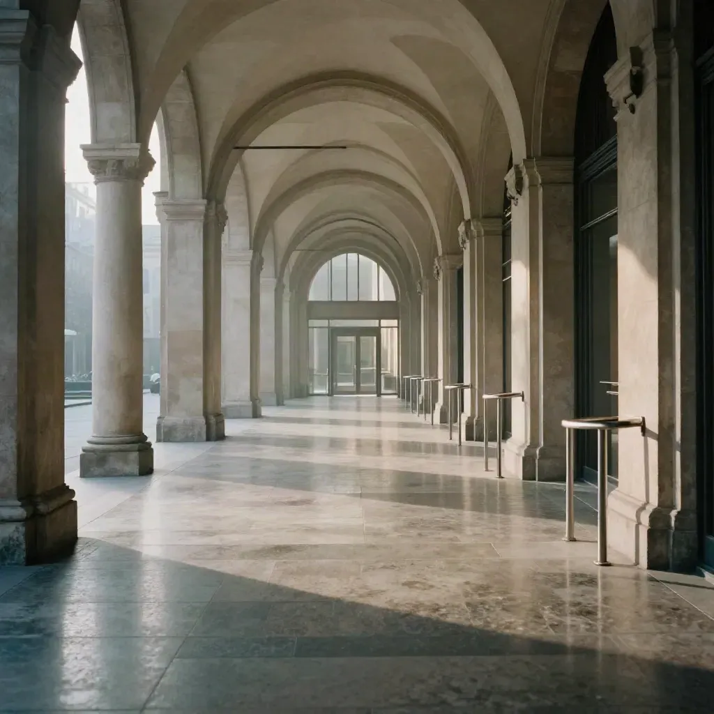 Arcata milanese vicino alla metro con colonne in pietra chiara e luce mattutina.