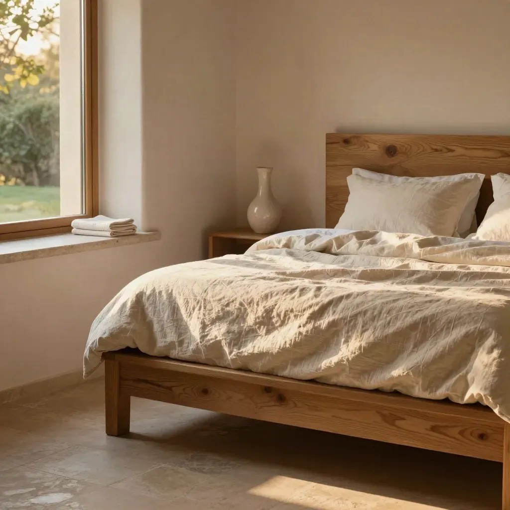 Angolo di camera B&B caldo con letto in lino, legno e finestra sul giardino sfocata.