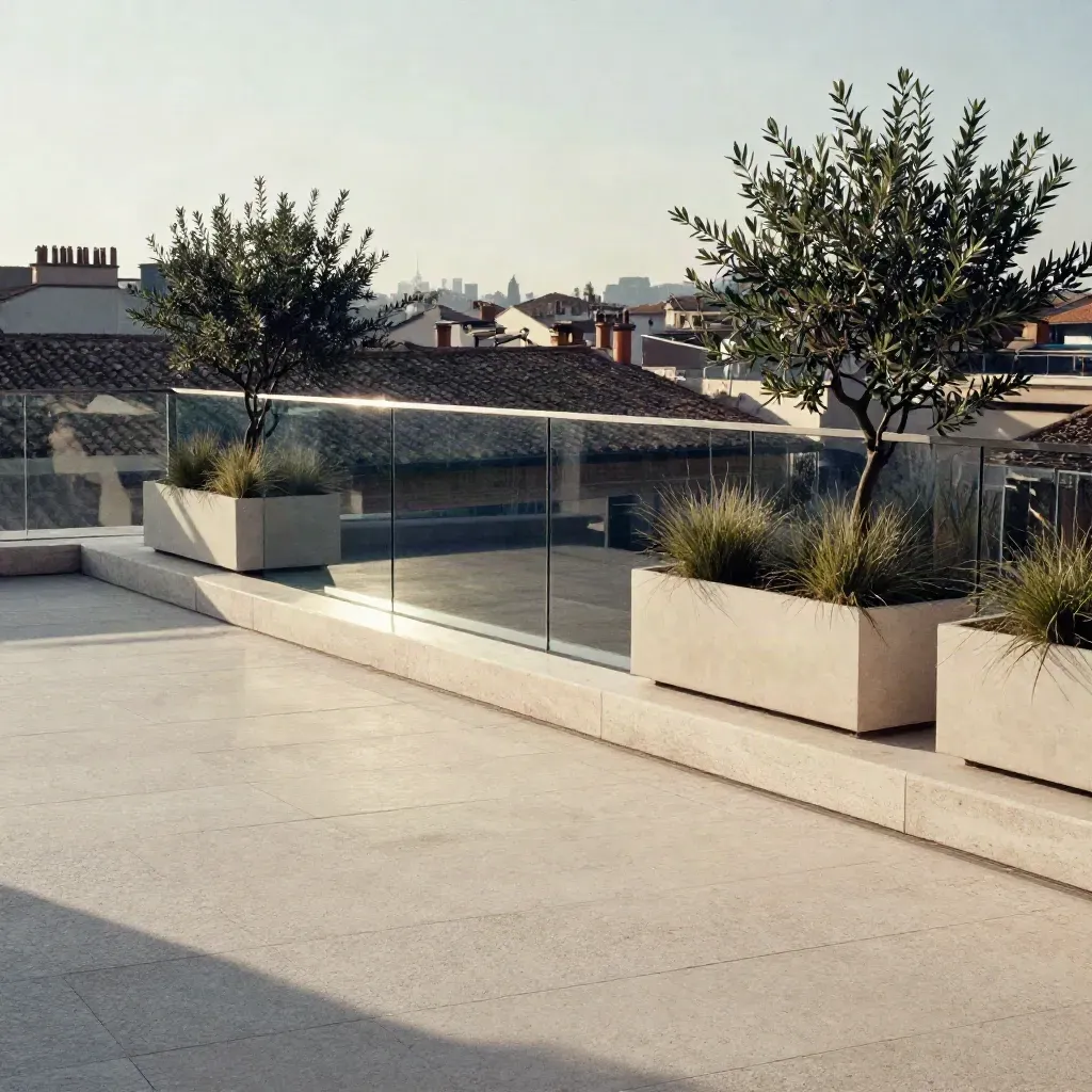 Terrazza elegante con vista su tetti di Milano, vasi in pietra e luce chiara.