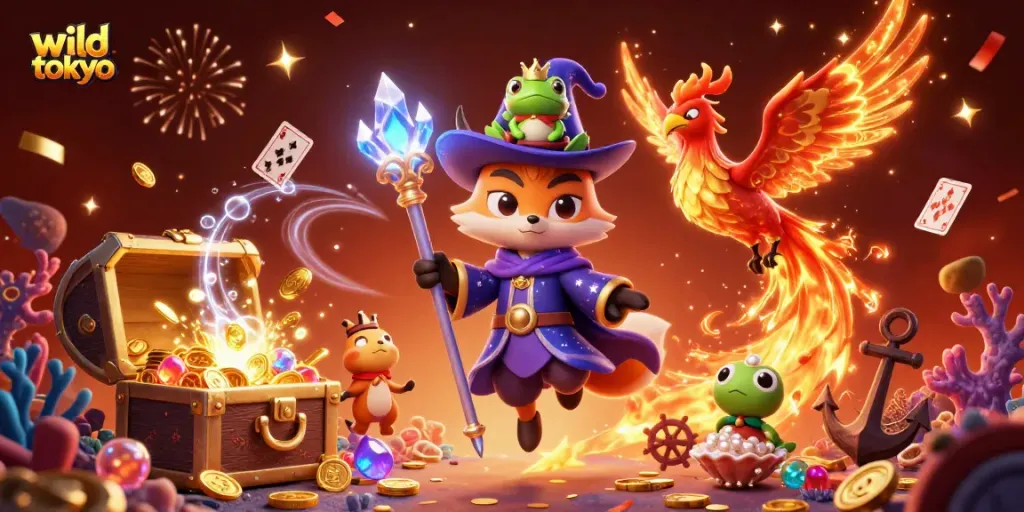 Engage with Wild Tokyo's games featuring a mystical fox and phoenix in a vibrant casino scene.